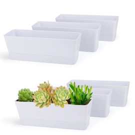 GREANER 12x3.8 Inch Herb Planters, 6 Pack White Rectangle Window Boxes with Tray, Indoor Succulent Cactus Mint Plastic Pot with Saucer for Windowsill, Balcony, Office, Outdoor Garden