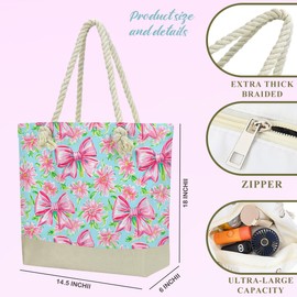 Beach Bags for Women, Beach Towel, Wet Bag Cosmetic Bag, Pool Waterproof Shoulder Tote Bags, Pocket Zipper Summer Travel Essentials, Gifts for Women Birthday - Pink Bow and Flower（3-Piece Set）