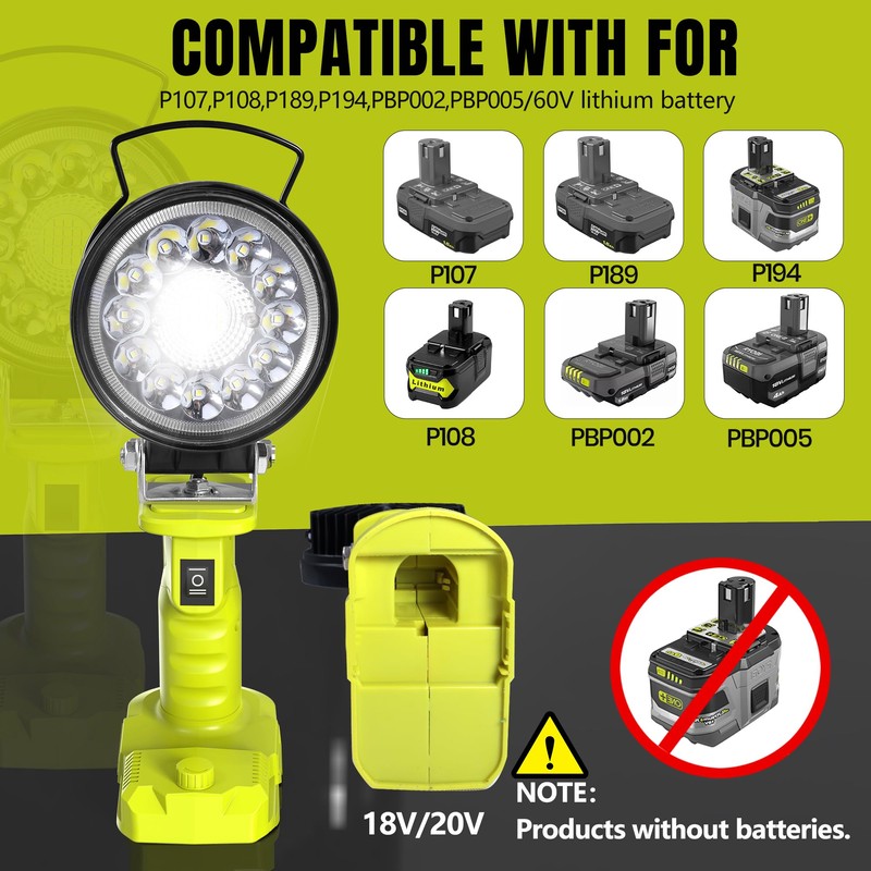 Cordless Work Light, Compatible with Batteries Ryobi 18V One+ Li-ion