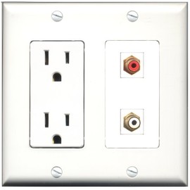 RiteAV - 15 Amp Power Outlet and 1 Port RCA Red and 1 Port RCA White Decorative Type Wall Plate White