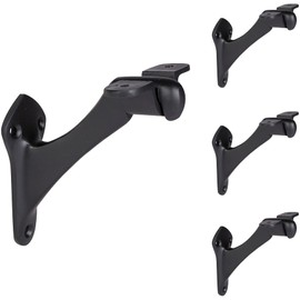 Set of 4 Heavy Duty Metal Handrail Brackets - Cast Iron Hand Railing Brackets for Stairs - Black Powder Coat Steel Banister Support for Indoor, Outdoor Stairway Mounting Hardware Included