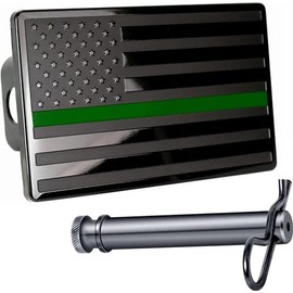 5"x3" American Black Flag Metal Hitch Cover (Fits 2.5" Receiver, Black with Green Line)