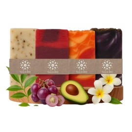 Packung mit 4 natürlichen handgefertigten Seifen – feste Seifen aus Avocado, Traubenchips, Monoï und Teebaum, Gesichts-, Hand- und Körperseife, vegan, feuchtigkeitsspendend, hergestellt in Spanien