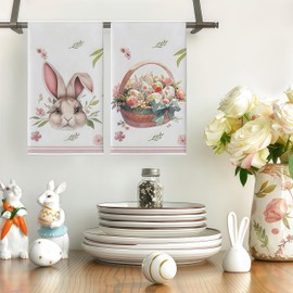 Cxtoweley 2-Pack Easter Decorations Kitchen Towels Set - Bunny Printed Dish Cloths & Egg Tea Towels, Reusable Spring Holiday Kitchen Accessories Gift