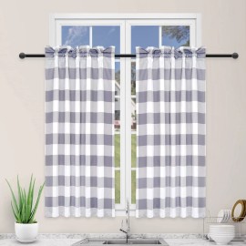Simple Deluxe Buffalo Check Kitchen Tier Curtains Small Curtain 26" W x 36" L White and Gray