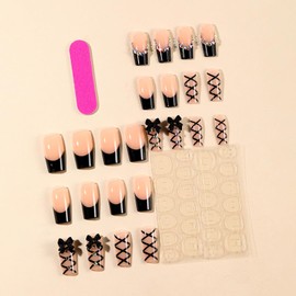 24 Pcs Black Coffin Press on Nails Long Fake Nails with 3D Bow Rhinestone Designs Glitter Acrylic Nails Press ons French Tip False Nails Natural Artificial Nails Full Cover Stick on Nails for Women