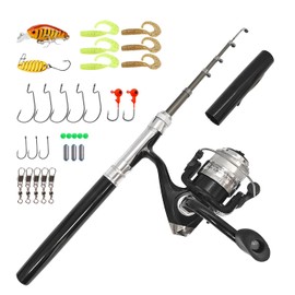 Portable Mini Small Fishing Rod and Spinning Reel Combos, Compact Telescopic 38inch Pocket Pen Fishing Pole with Line Lures Hooks for Raft, River, Lake, Ice Fishing and So On (Black)