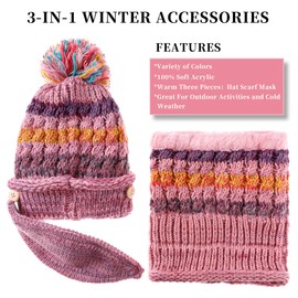 FANZERO Womens Girls Knit Beanie Scarf Mask Set Soft Warm Fleece Lined Winter Ski Hat with Pompom (Pink)