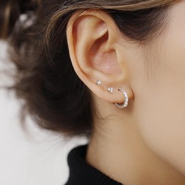 Set of 3 Earrings for 3 Pierced Earrings, 925 Silver, Freshwater Pearls, Cubic Zirconia, Hoop Earrings, 3 Pairs Pack, Nickel-Free, Cubic Zirconia, Cubic Zirconia