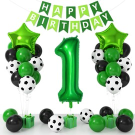 1st Soccer Birthday Decorations for Boys, Green Black Soccer Printed Balloons with 40 Inch Number 1 Star Foil Balloons Birthday Banner for 1 Year Old World Cup Soccer Sports Theme Party Decorations