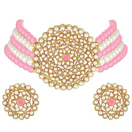 Aheli Pearl Diamond Choker Necklace with Round Earrings for Women Girls Indian Traditional Bollywood Fashion Jewelry Set (Pink-White)