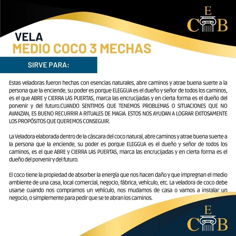 Veladora De Coco Eleguua 3 Mechas Abre Camino, Medio Coco