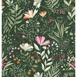 Fititem Floral Peel and Stick Wallpaper Boho Floral Contact Paper Flower Removable Self Adhesive Contact Paper Wildflower Dark Green Vintage Waterproof Wallpaper Bathroom Bedroom Leaf 17.3inW 393inL