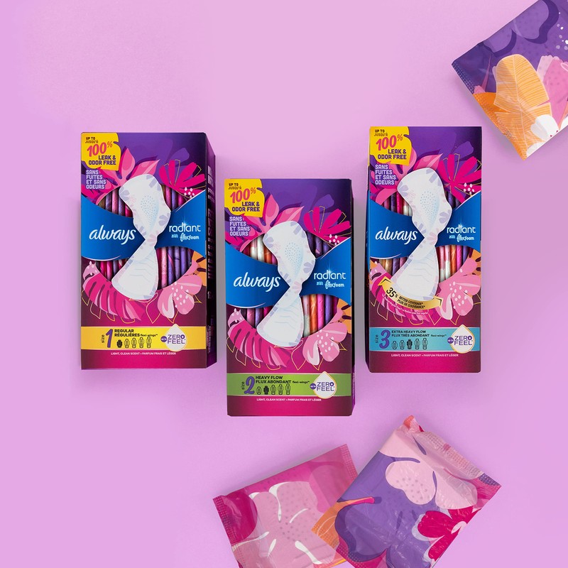 Always Radiant Feminine Pads for Women, Flexfoam Pads with Wings,