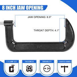 MYFAMIREA 8 Pcs C Clamp 8 Inch Heavy Duty Steel C Clamp Set Cast Iron Frame Sliding T-Handle More Stability Massive Clamps for Woodworking, Welding, Building, Automotive Applications (Black)