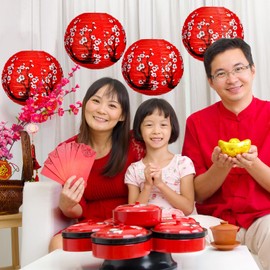 Bencailor 13 Pcs Chinese Japanese Paper Lantern Chinese New Year Lantern Decorative Hollow Out Round Plum Blossom Red White Gold Chinese Lantern Chinese Party Decor for Spring Festival (Red Color)