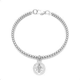 Agalea | Pulsera con medalla de san benito de plata esterlina ley 925 con bolitas de 3 mm (18.00 cm)