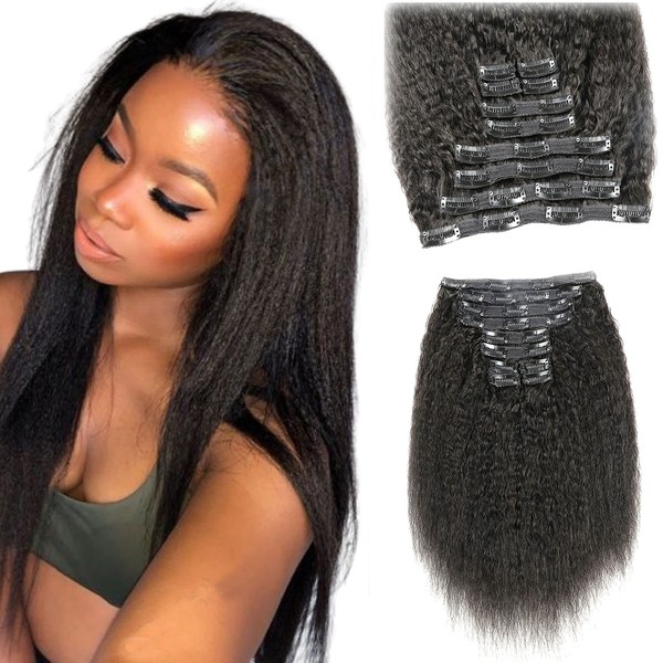 120g 10Pcs Kinky Straight Clip In Hair Extensions,Remy Human Hair 20inch Coarse Yaki Straight Clip In Full Head #1B Natural Black Real Human Hair Extensions Clip Ins