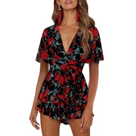 AIMCOO Women's Floral Print Deep V-Neck Romper Double Layer Ruffle Hem Jumpsuits Short Flare Sleeves Waist Tie Short Rompers