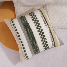 YEARSTAR Boho Throw Pillow Covers 18x18, Set of 2 - Farmhouse Decorative Cushion Case, Striped Square Pillow Covers, Chenille Accent Neutral Pillowcase for Sofa Couch Bed, Green