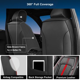 FiveFox Fit Frontier Car Seat Covers (Front Pair) for Select Nissan Frontier 2009-2025 2026 Crew Cab - Full Coverage Leather, Waterproof & All Weather Seat Cushion Protector, Black with Red Trim