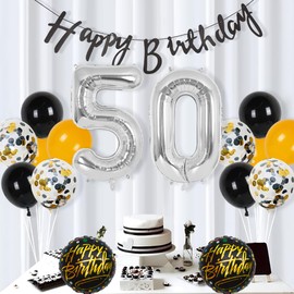 Silver 50th Birthday Decorations Party Supplies-Black Happy 50th Birthday Banner Latex and Confetti Balloons Paper Honeycomb Balls Huge Number 50 Balloons for Girls,Women,Men,Photo Props 50th Birthday