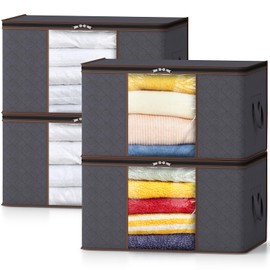 Lifewit 4 Pack Large Clothes Storage Bags Boxes with Lids, 75L Wardrobe Storage Organiser Packing Boxes for Moving House with Reinforced Handle Thick Fabric for Clothing Towel Blanket Bedding, Grey