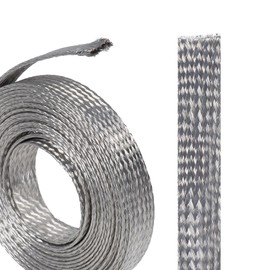 Flat Tinned Copper Wires Shielding Sleeving,Wire Cable Braided Sleeve Shield Metal Ground Straps EMI/RFI Mesh Protect (Silver, 1/2"-22ft)
