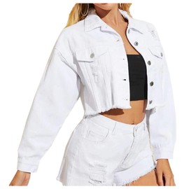 LifeShe Women Cropped Ripped Distressed Denim Jean Jacket Coat Fringe with Frayed Hem White
