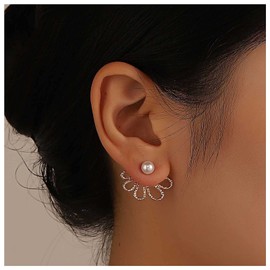 Inilbran Boho Pearl Flower Jacket Earrings Hollow Flower Pearl Earrings Vintage Flower Earrings Silver Pearl Front Back Stud Earrings Statement Earrings Jewelry for Women and Girls