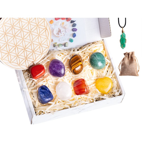 12pcs Healing Crystal Set & Chakra Quartz Kit, 7 Tumbled Polished Stone, 1 Heart Shaped, 1 Necklace, Wooden Crystal Grid, Storage Bags, Info Brochure with Meditation Gifts for Wicca Beginners