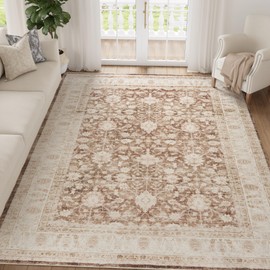 jinchan Area Rug 6x9 Washable Floral Oriental Carpet Accent Indoor Floor Cover Non Slip Living Room Mat Distressed Vintage Rug Soft Retro Carpet for Bedroom Dining Room Kitchen Decor Taupe