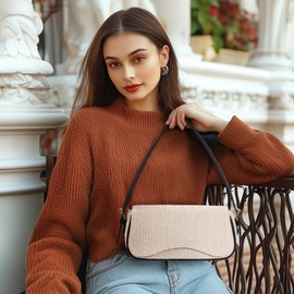 Missnine Shoulder Bag for Women, Small Purses Trendy, Raffia Woven Shoulder Purse Handbag Hobo Clutch with Zipper Closure, Black+Beige