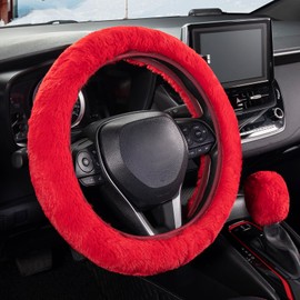 SEG Direct Furry Car Steering Wheel Cover with Fluffy Gear Shift Cover Soft Warm Non-Slip Car Decoration for Women Girls 2 PCS Set, Red