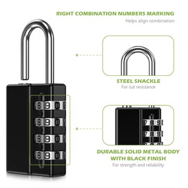 KeeKit Combination Padlock, 4 Digit Combination Lock with Keys, Resettable Waterproof Gate Lock for Locker, Gym, Fence, Case, School & Employee Locker, Toolbox – 4 Pack, 2 Keys, Black