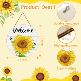 YUNKKIN Sunflower Decor Summer Decorations for Home Summer Door Decor Sunflower Wreath Wooden Welcome Sign for Front Door Hanger for Office Wall Indoor Home Decorations