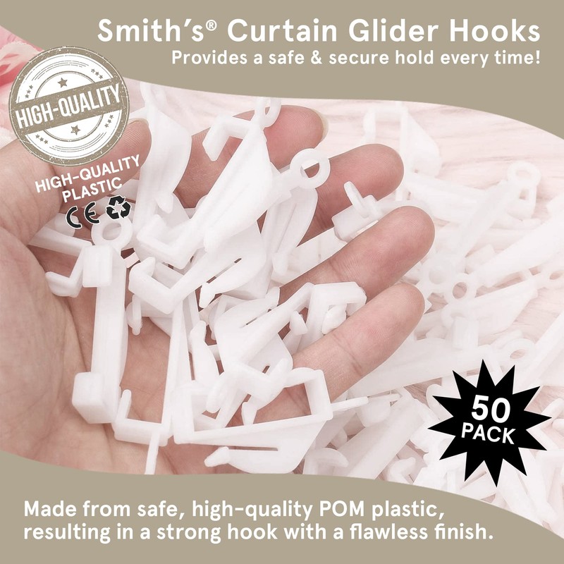 Smith’s® Curtain Glider Hooks | 50 Pack/White | Plastic Curtain