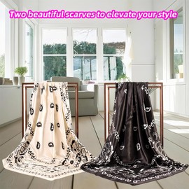 GoldenLife 35” Large Square Satin Head Scarf - 2Pcs Satin Hair Scarf Silk Bandana Head Wraps For Women (Black & White)