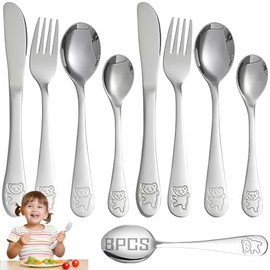 Juego de Cubiertos para Niños de 8 Piezas, Cubiertos de Acero Inoxidable para Niño de Grado Alimenticio,Juego de Utensilios de Tenedor Con Cuchara, Tenedor y Cuchillo Seguros, Para Lavavajillas