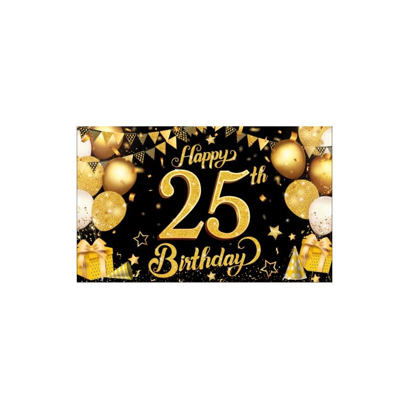 25th Happy Birthday Black Wall Banner,Glitter
