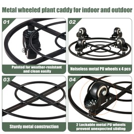 KvyusFlourish 3 Packs Metal Plant Caddy with Wheels 12" Rolling Plant Stands Heavy-Duty Wrought Iron Plant Dolly Plant Rollers Planter Mover with Casters