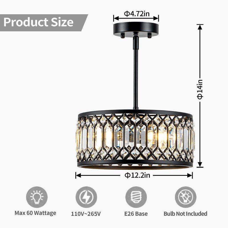 Zlepmlla Crystal Black Ceiling Light, Modern Light Fixture Ceiling, Chandelier
