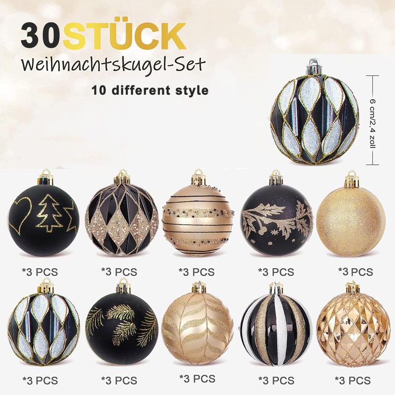 Christmas Baubles Christmas Tree Decoration Set, 30 Pieces, Black Gold