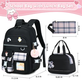 KIDNUO Backpack for Girls 15.6 Inch Laptop School Bag Kids Elementary College 3pcs Backpacks Lunch box Pencil Case Set Bookbags for Girls Teen Women Student Black