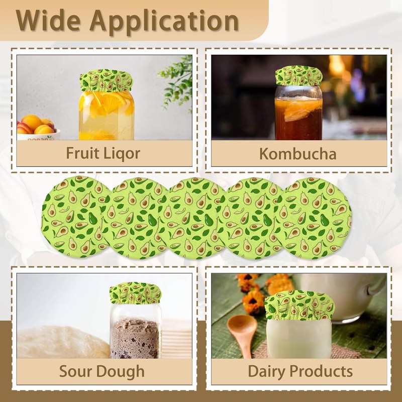 5-Pack Cloth Covers for Sourdough Starter Jars, Green Avocado Reusable