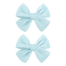 YanJie 2PCS Lace Hair Bow Clips 4’’ Light Blue Alligator Barrettes Bows with Rhinestone Baby Girl Hair Accessories for Infant Toddler Kids Teen Girls