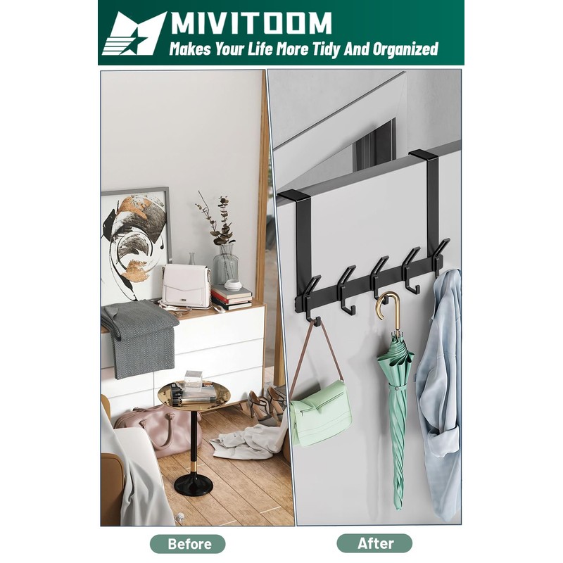 MIVITOOM Over Door Hooks, Over Door Towel Rack with 5