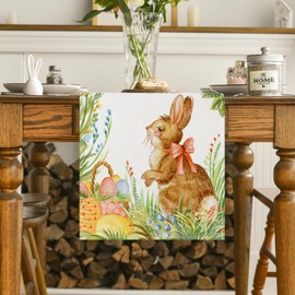 Bunny Rabbits Eggs He Risen Easter Table Runner, Seasonal Spring Kitchen Dining Table Decoration for Home Party Decor 13*72 Inch