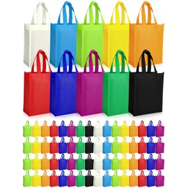 Jexine 100 Pcs Non Woven Tote Bags Large Reusable Gift Grocery Bags Foldable Fabric Shopping Bags Multi Color Party Treat Bag Reusable Goodie Bags with Handles for Party Holiday Favor, 14 x 10 x 4 In