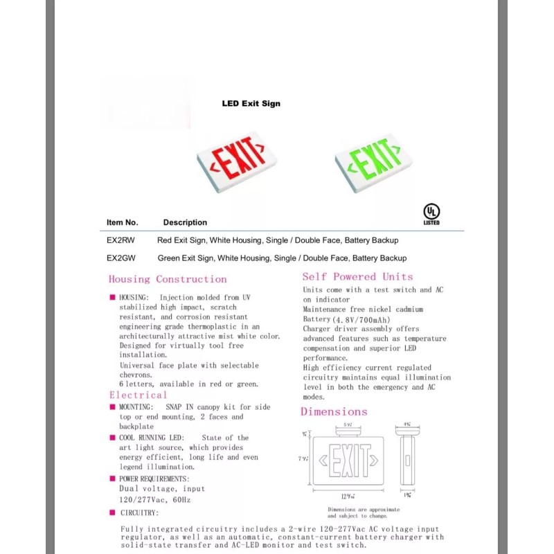 Light Fixture Industries LED Emergency Exit Sign Light - Battery